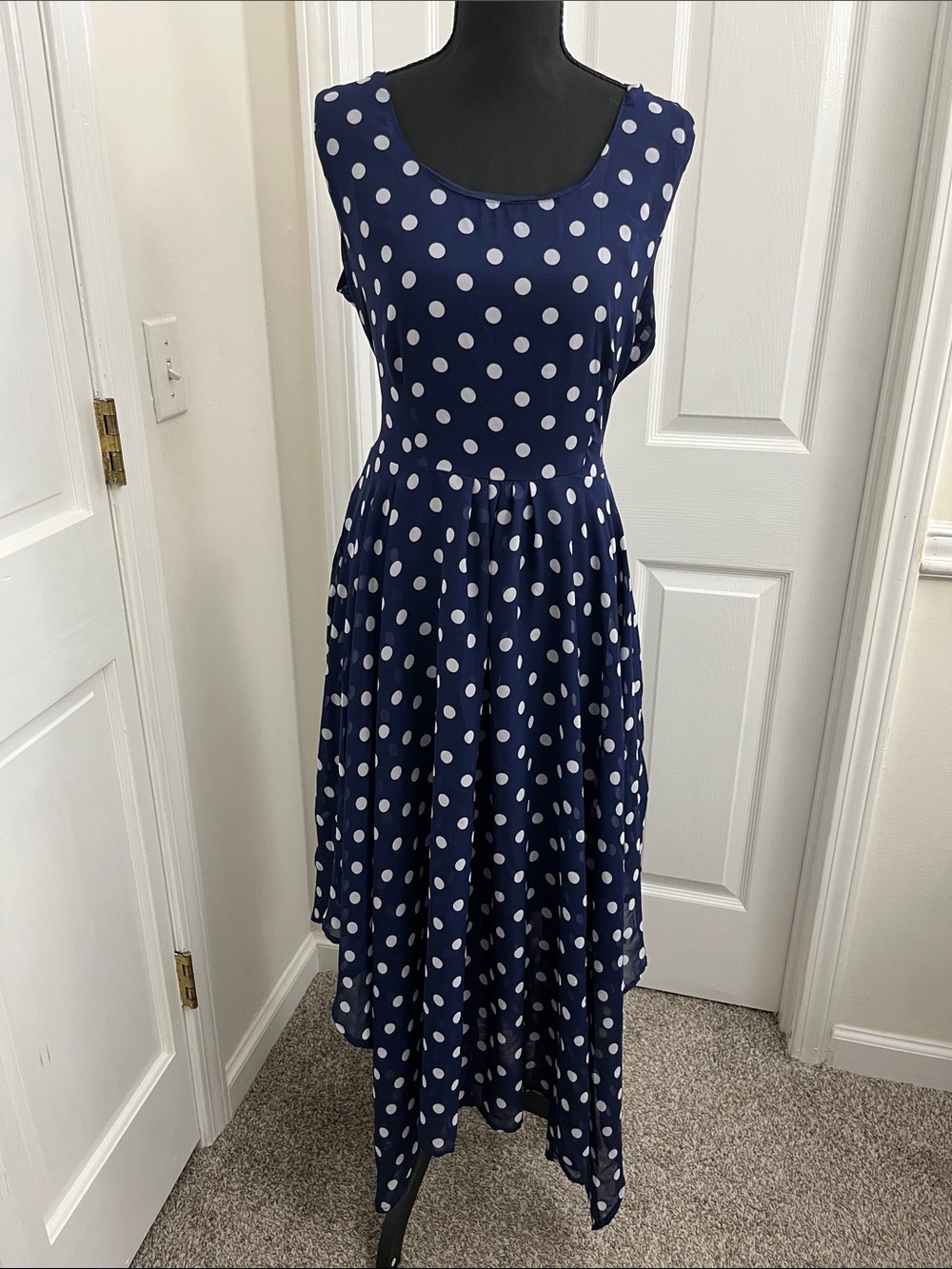 Navy Polka Dot High-Low Dress